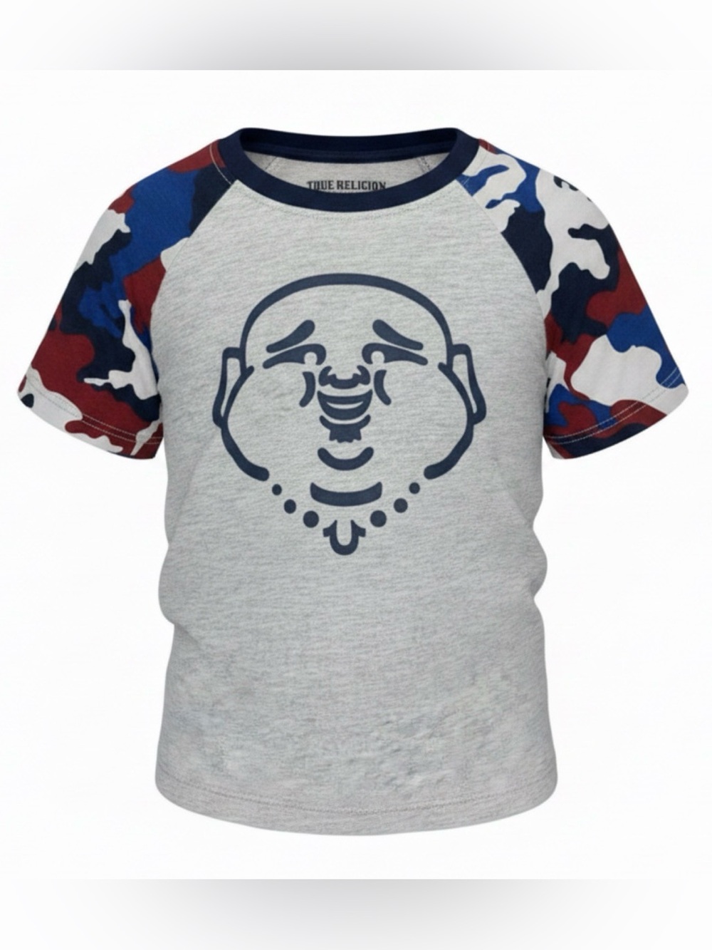 True Religion Kids Heather Grey Tee with Blue & Red Camo Raglan Sleeves